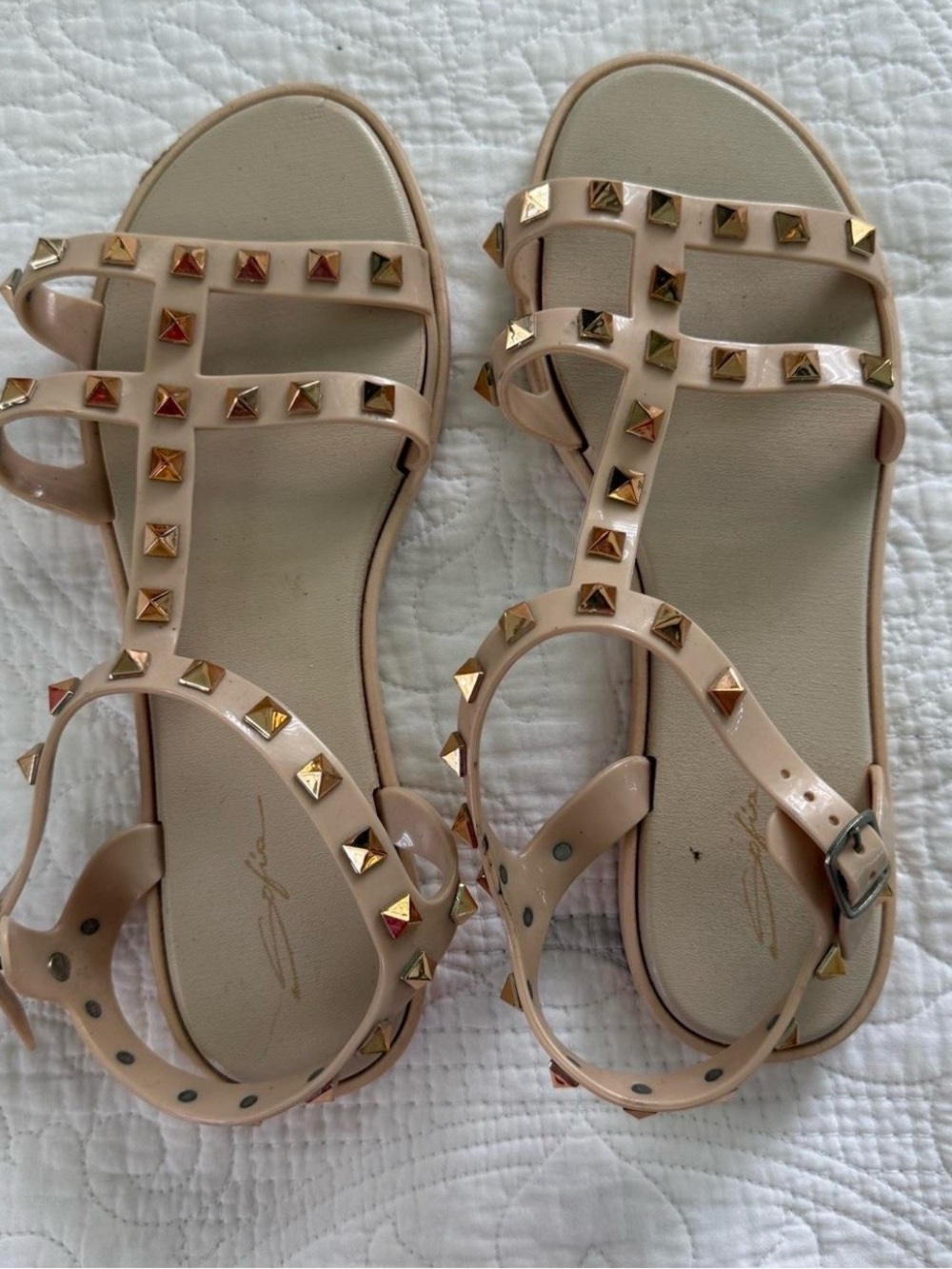Women's Blush Studded T-Strap Flat Sandals